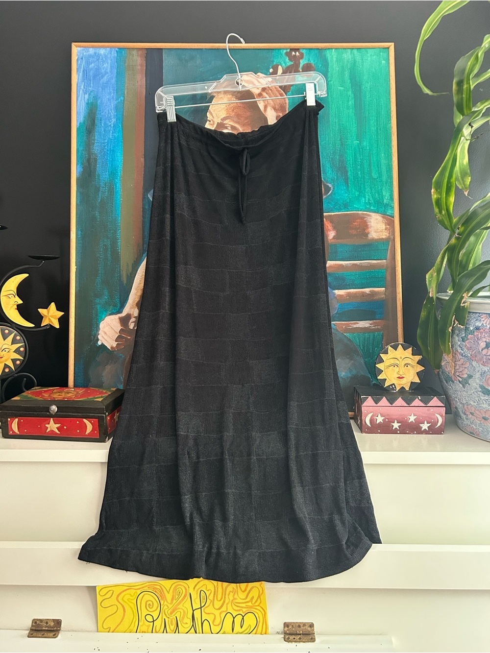 Vintage ES SL USA Black Maxi Skirt Drawstring Flowy Minimalist 90s Y2K